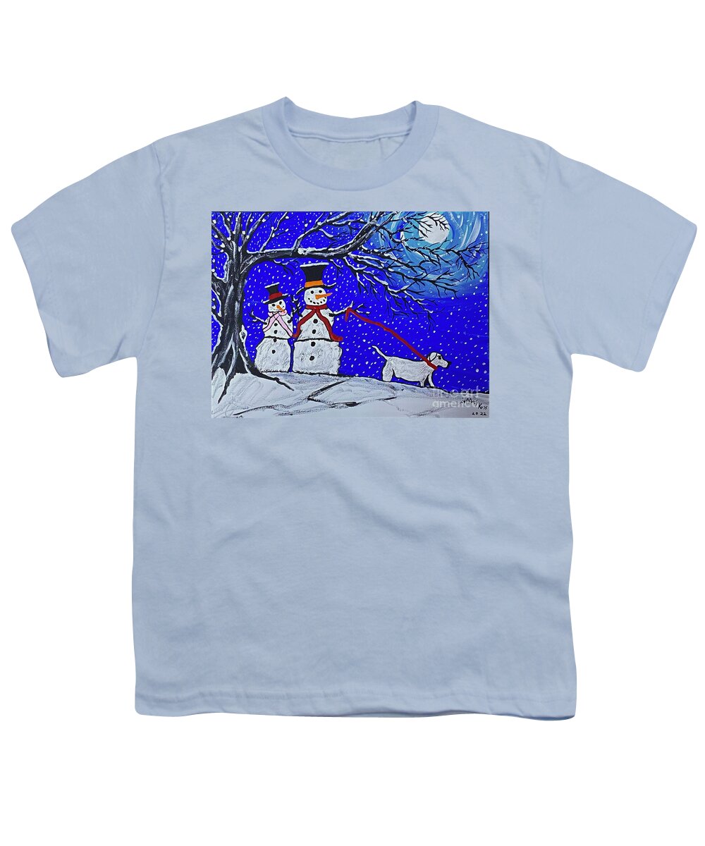  Whimical Youth T-Shirt featuring the painting Abstract Snowman Walking The Dog Christmas Card by Jeffrey Koss