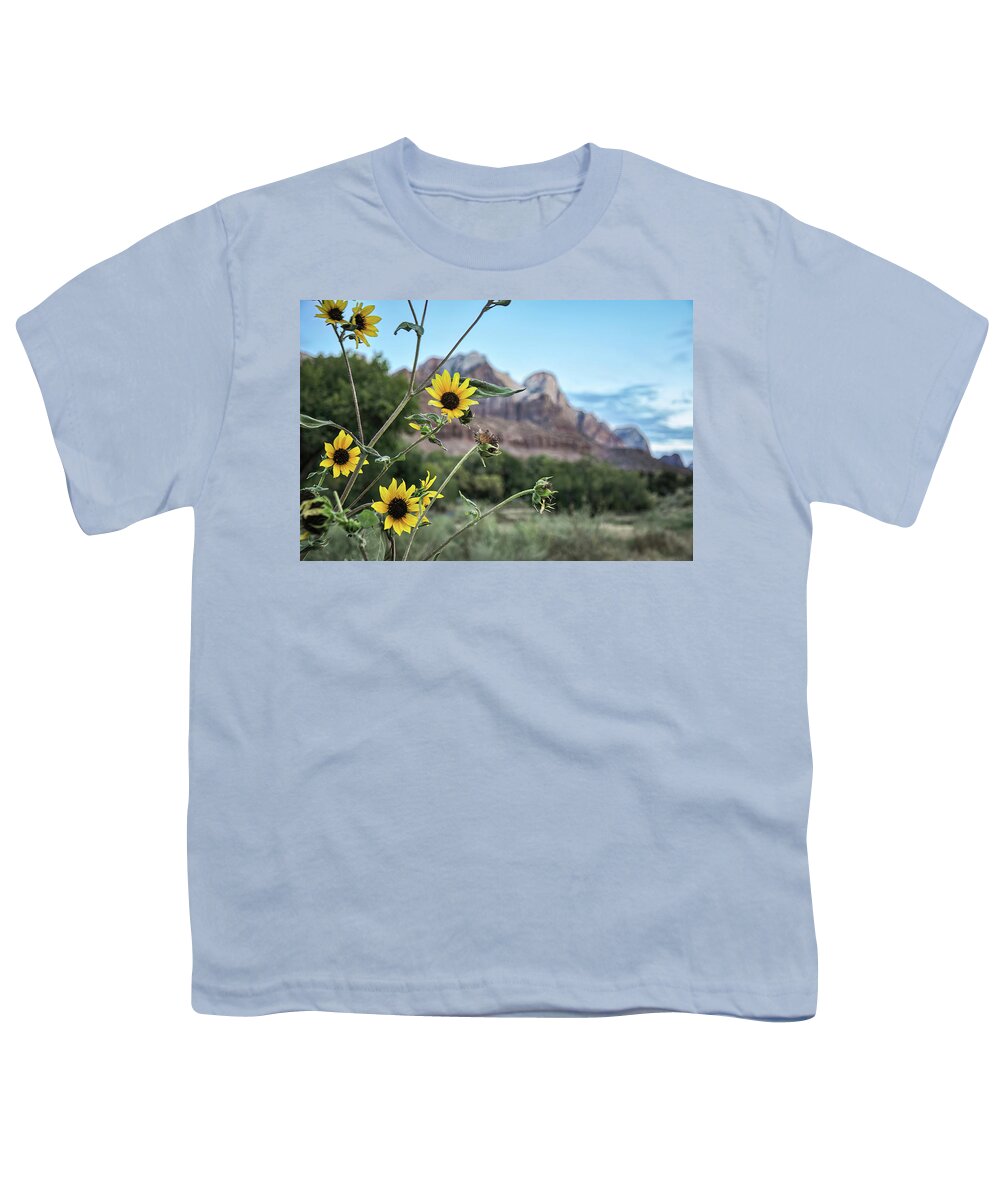 Zion National Park Youth T-Shirt featuring the photograph Sunflowers at Sunrise by Rebecca Herranen