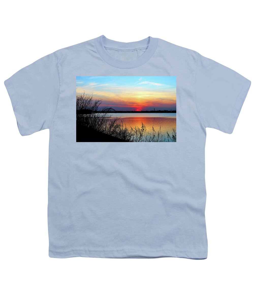 Delaware River Youth T-Shirt featuring the photograph Sunset on the Delaware River With Tacony Palmyra Bridge to Philadelphia by Linda Stern