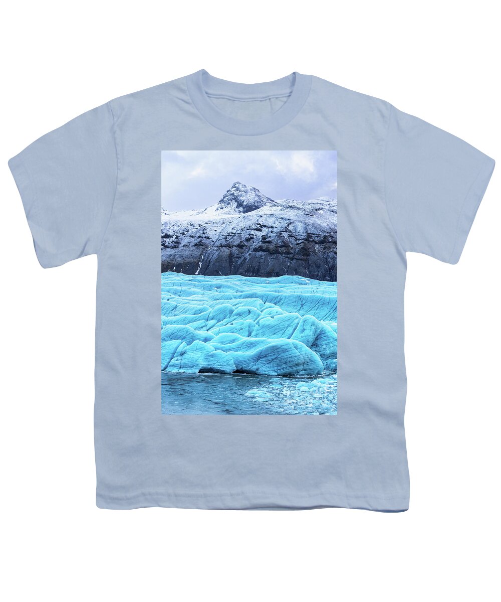 Iceland Youth T-Shirt featuring the photograph Svinafellsjokul glacier detail and snow covered mountian, Icelan by Jane Rix