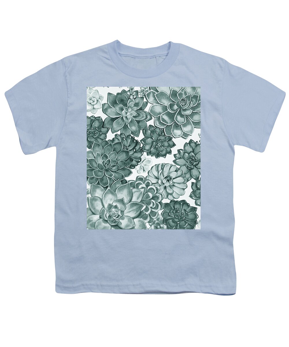 Succulent Youth T-Shirt featuring the painting Teal Gray Succulent Plants Garden Watercolor Art Decor IV by Irina Sztukowski