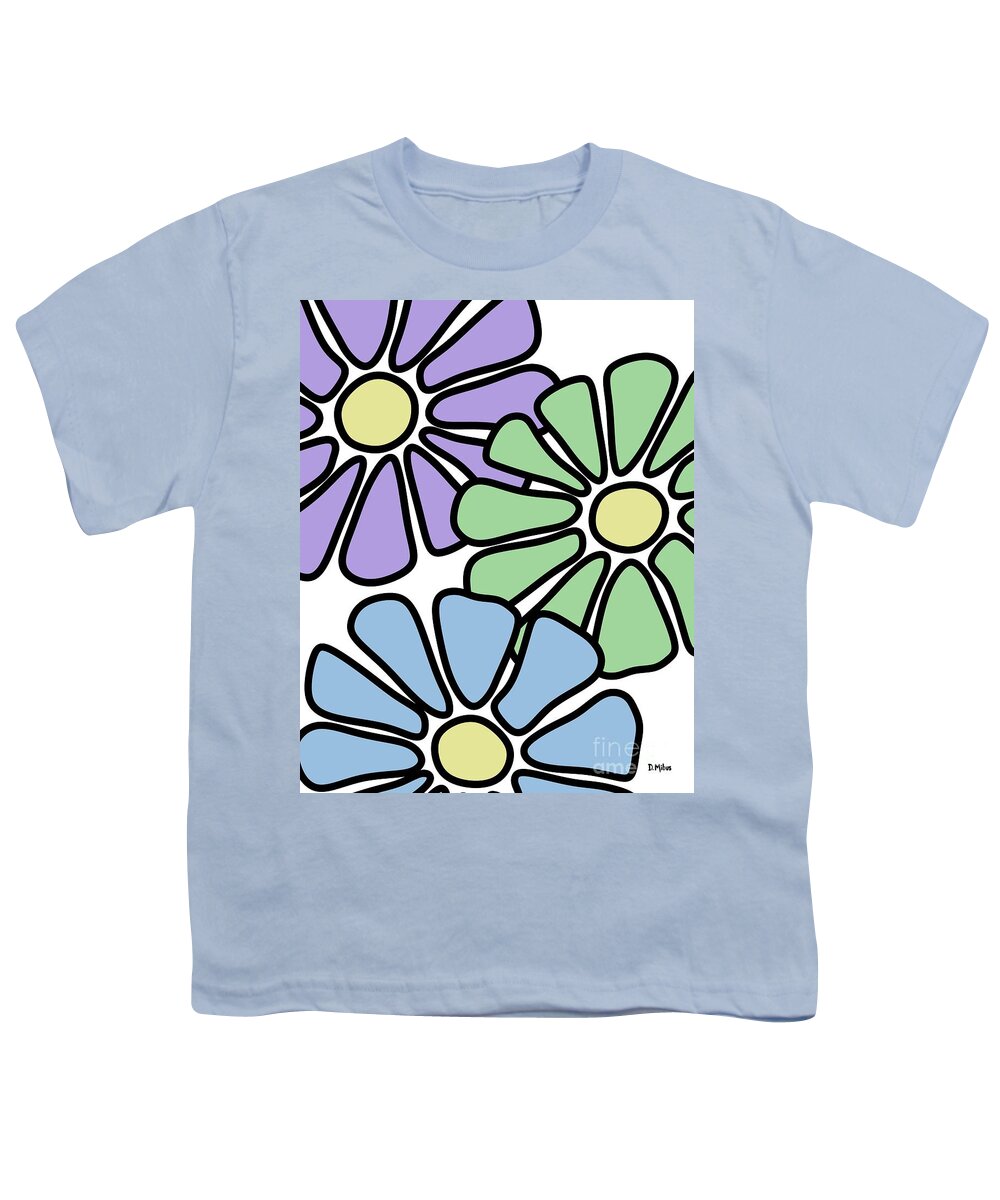 Flower Power Youth T-Shirt featuring the digital art Three Mod Flowers Purple Green Blue by Donna Mibus