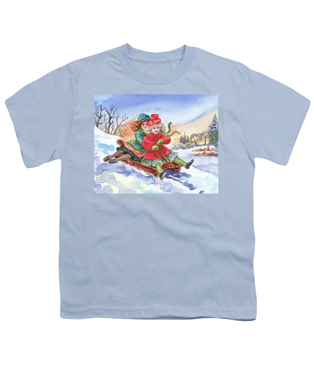 Two Girls Youth T-Shirt featuring the painting Two Girls Sledding Down The Snowy Hill Watercolor by Irina Sztukowski