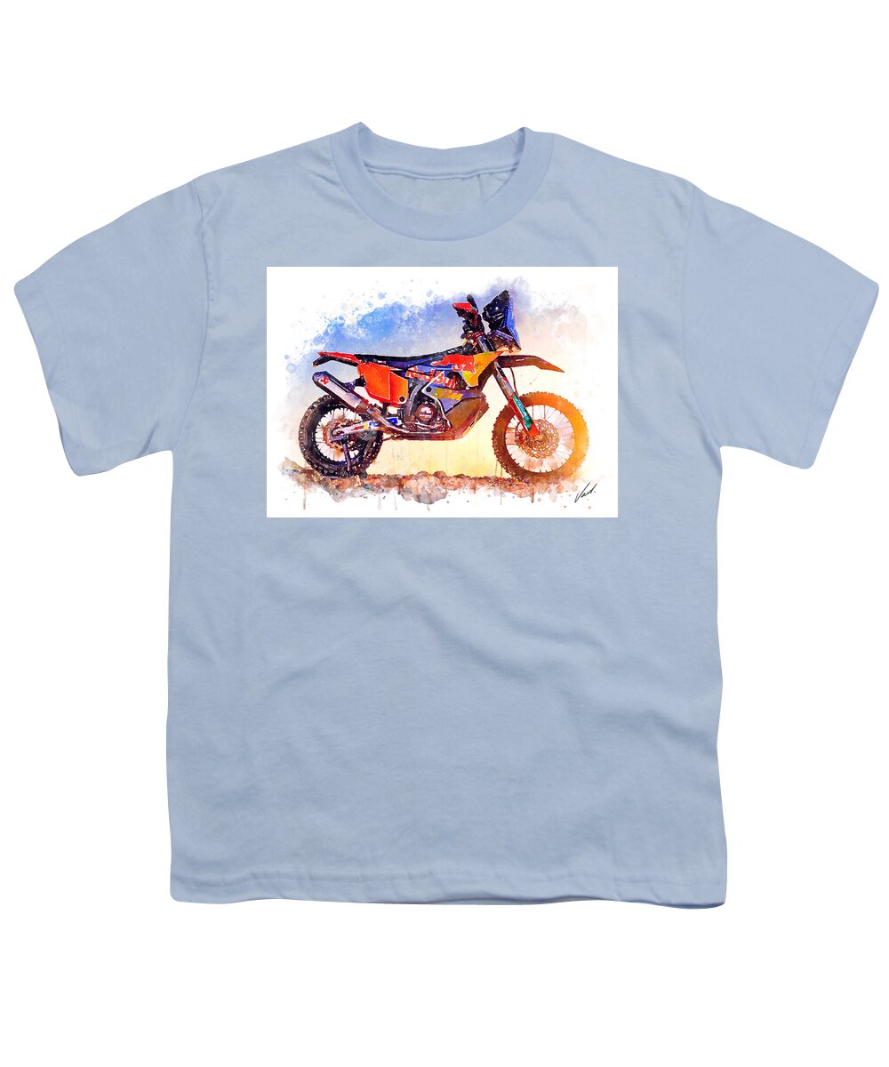 Adventure Youth T-Shirt featuring the painting Watercolor KTM 450 Rally Dakar motorcycle - oryginal artwork by Vart. by Vart Studio