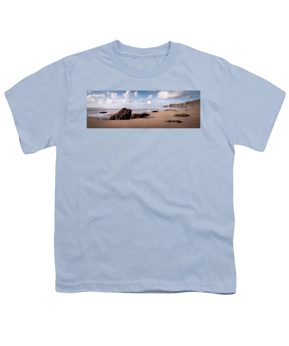Coast Youth T-Shirt featuring the photograph Watergate Bay Beach Cornwall South west coast path England by Sonny Ryse
