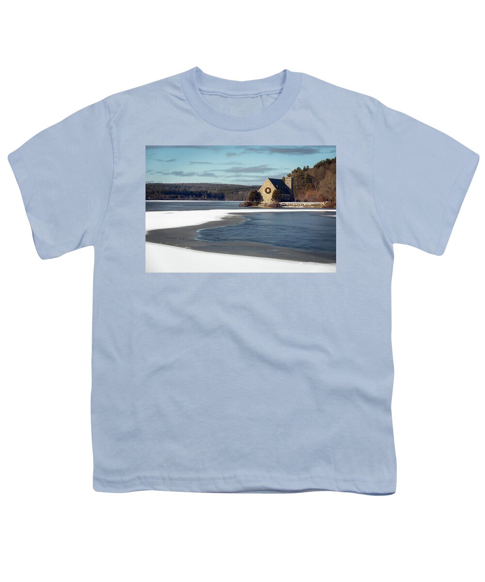 Old Stone Church W. Boylston West Wreath Winter Ice Snow Winter Sky Tear Brian Hale Brianhalephoto Youth T-Shirt featuring the photograph Winter Church by Brian Hale