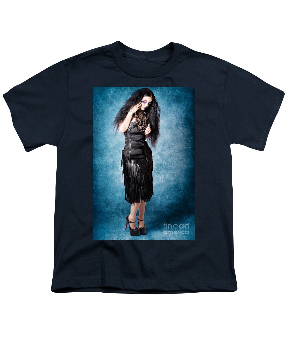 Black Youth T-Shirt featuring the photograph Gothic female fashion model. Elegant black outfit #1 by Jorgo Photography