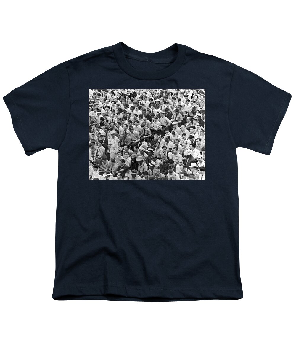1956 Youth T-Shirt featuring the photograph Baseball fans in the bleachers at Yankee Stadium. by Underwood Archives
