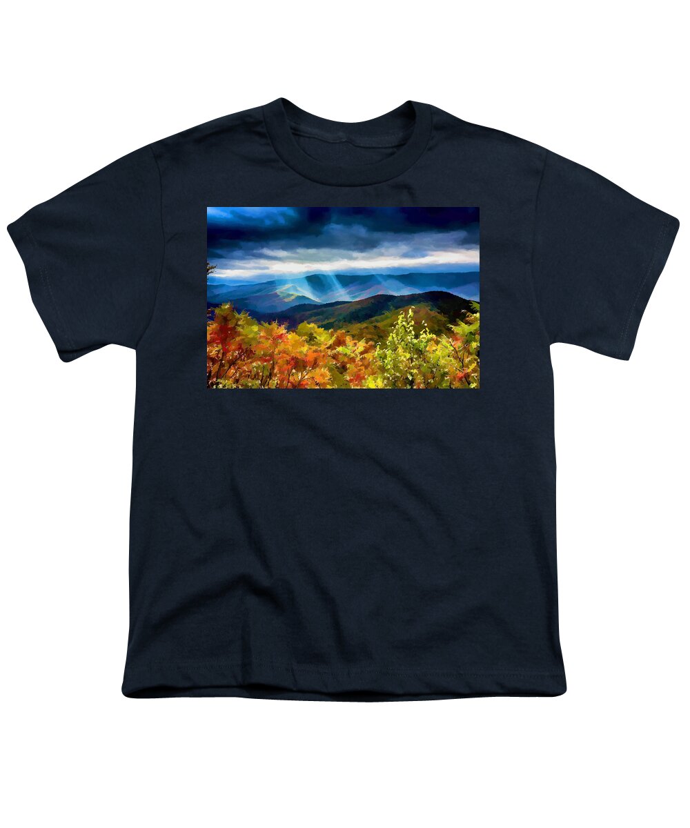 Nc Youth T-Shirt featuring the painting Black Mountains Overlook on the Blue Ridge Parkway by John Haldane