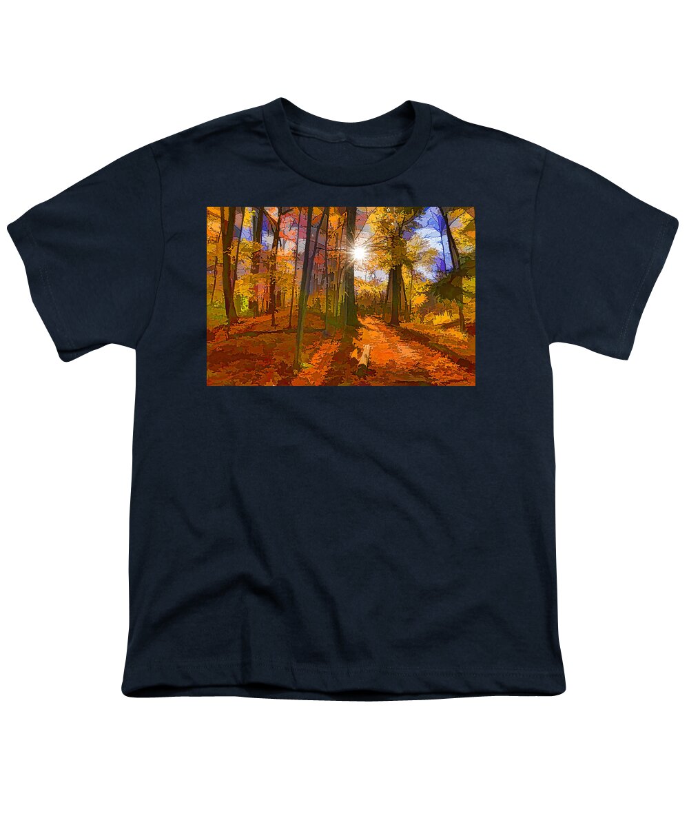 Impression Youth T-Shirt featuring the digital art Bold and Colorful Autumn Forest Impression by Georgia Mizuleva