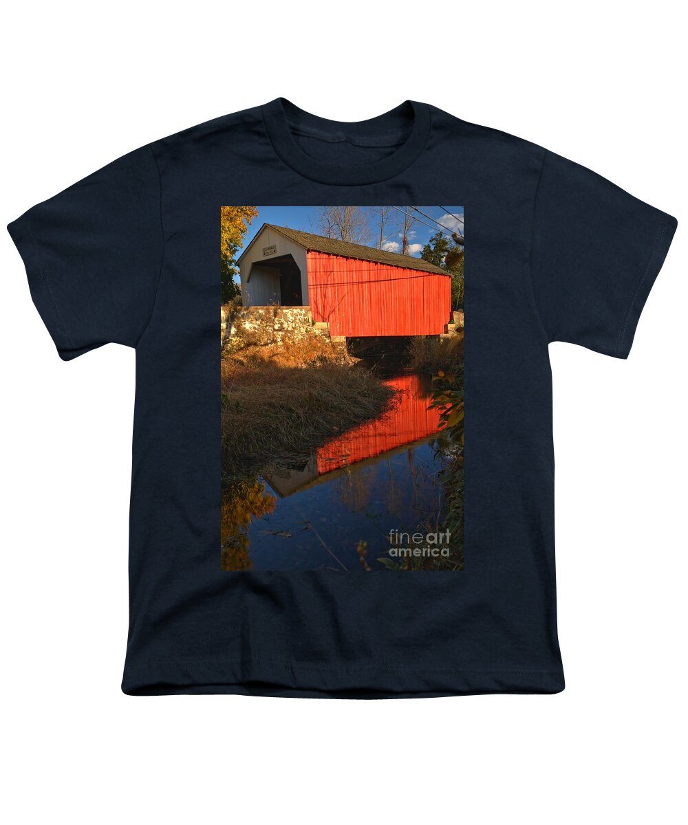 Erwinna Youth T-Shirt featuring the photograph Deep Blue reflections At Erwinna Covered Bridge by Adam Jewell