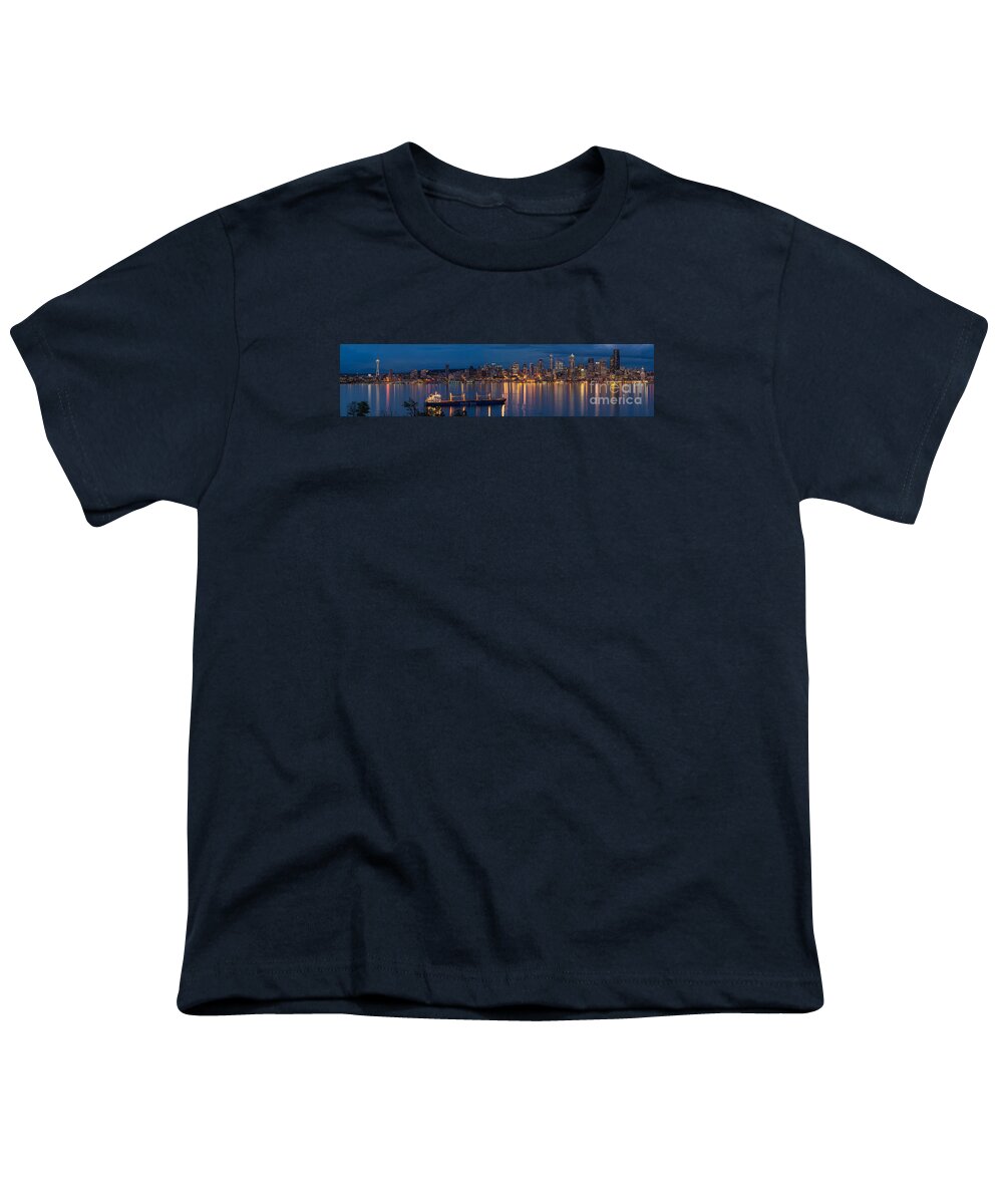Seattle Youth T-Shirt featuring the photograph Elliott Bay Seattle Skyline Night Reflections by Mike Reid