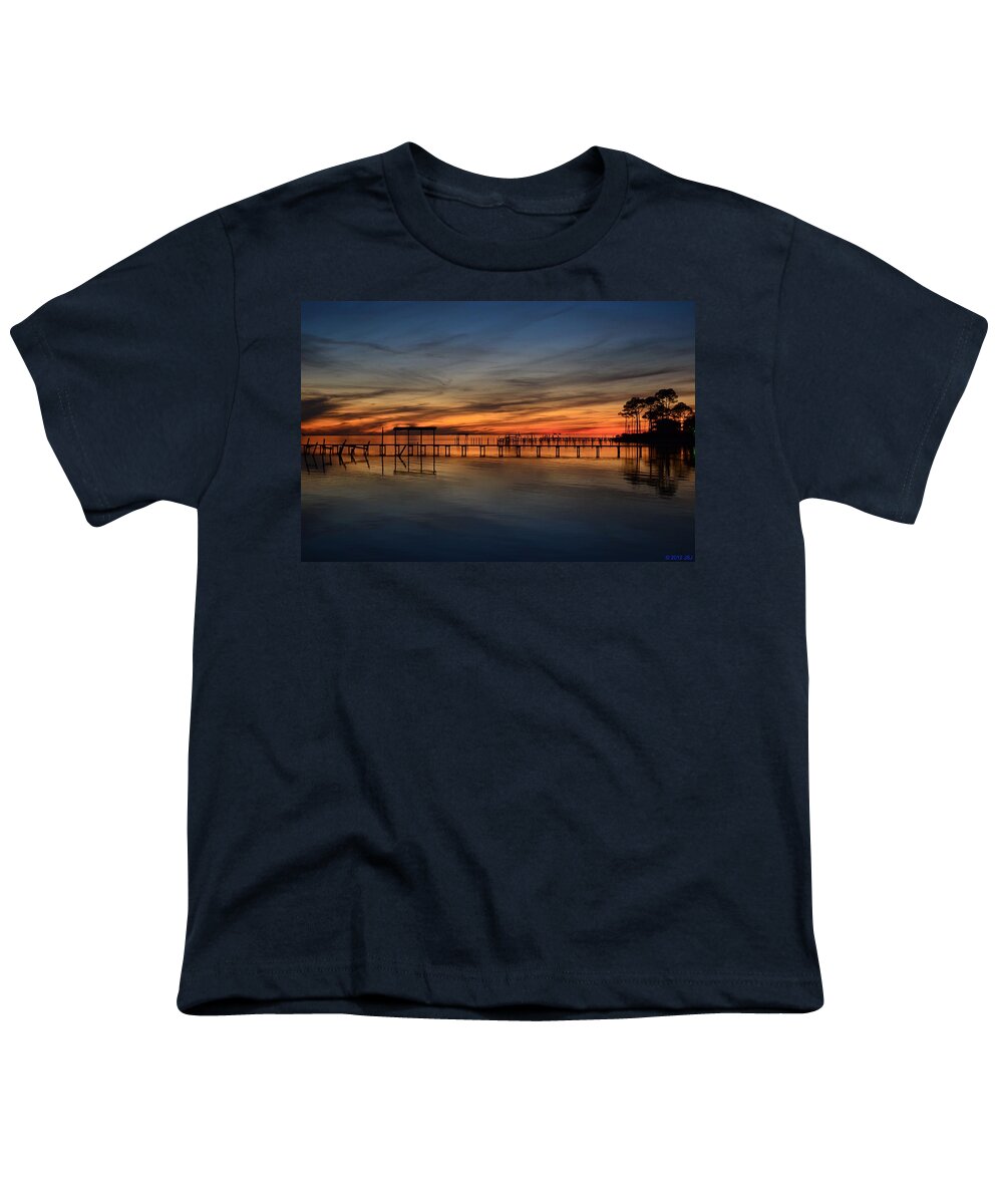 Navarre Youth T-Shirt featuring the photograph Mirrored Sunset Colors on Santa Rosa Sound at Dusk by Jeff at JSJ Photography