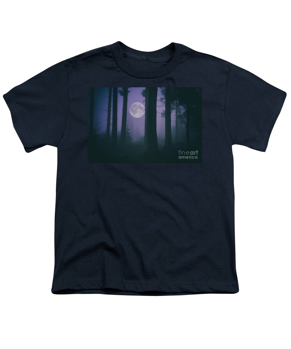 Landscape Youth T-Shirt featuring the photograph Moon and Fog in a Forest by Sabine Jacobs