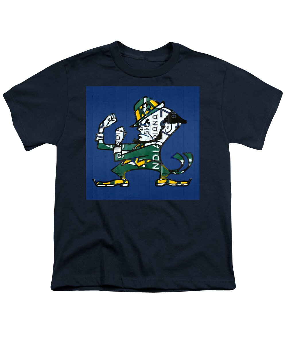 Notre Dame Youth T-Shirt featuring the mixed media Notre Dame Fighting Irish Leprechaun Vintage Indiana License Plate Art by Design Turnpike