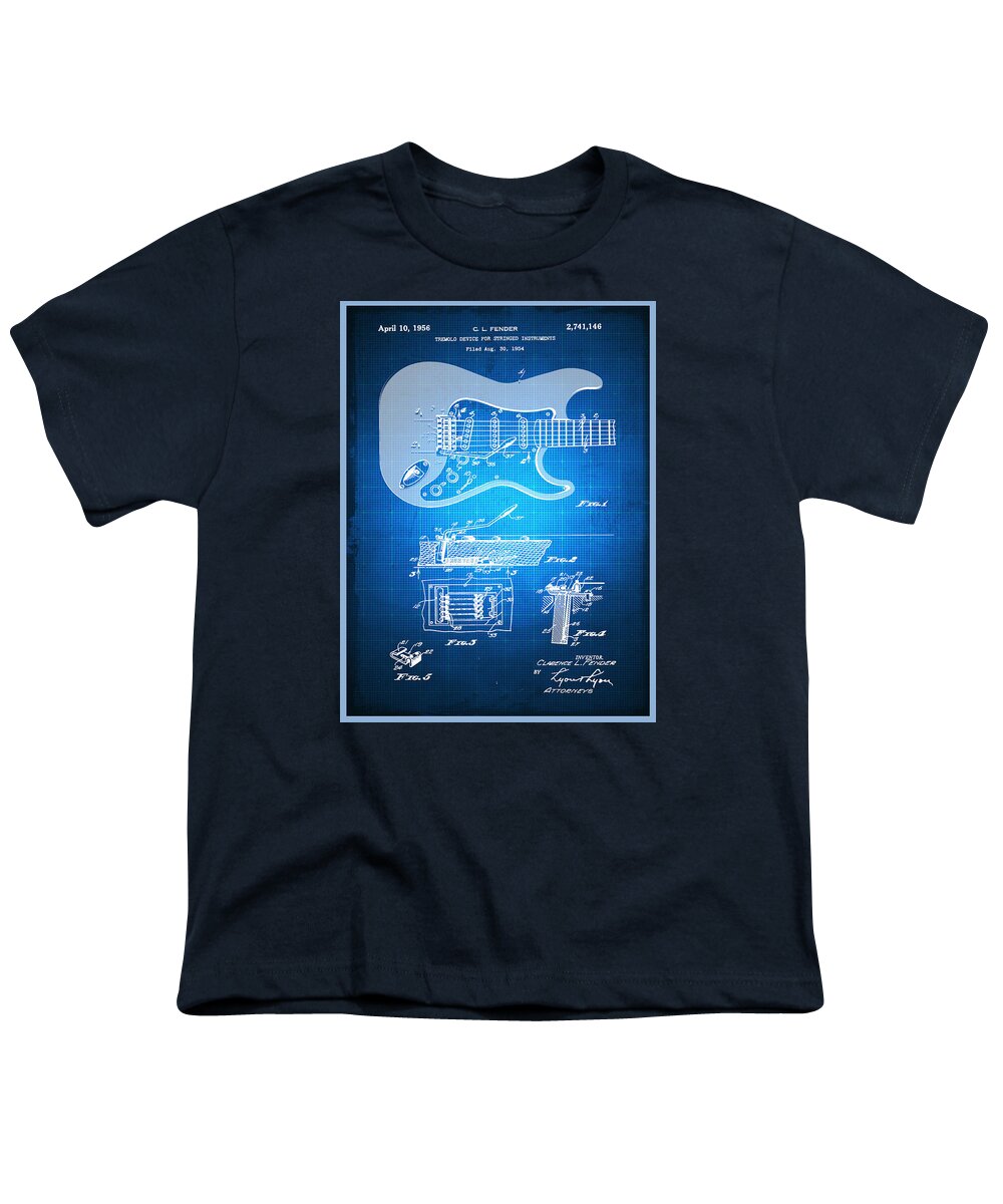 Guitar Youth T-Shirt featuring the mixed media Fender Guitar Patent Blueprint Drawing by Tony Rubino