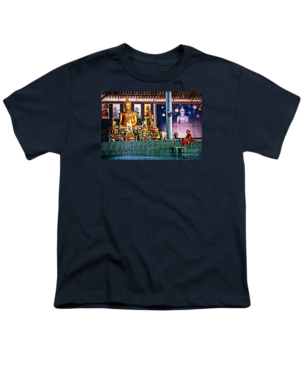 Temple Youth T-Shirt featuring the photograph Praying With Buddha by Ian Gledhill