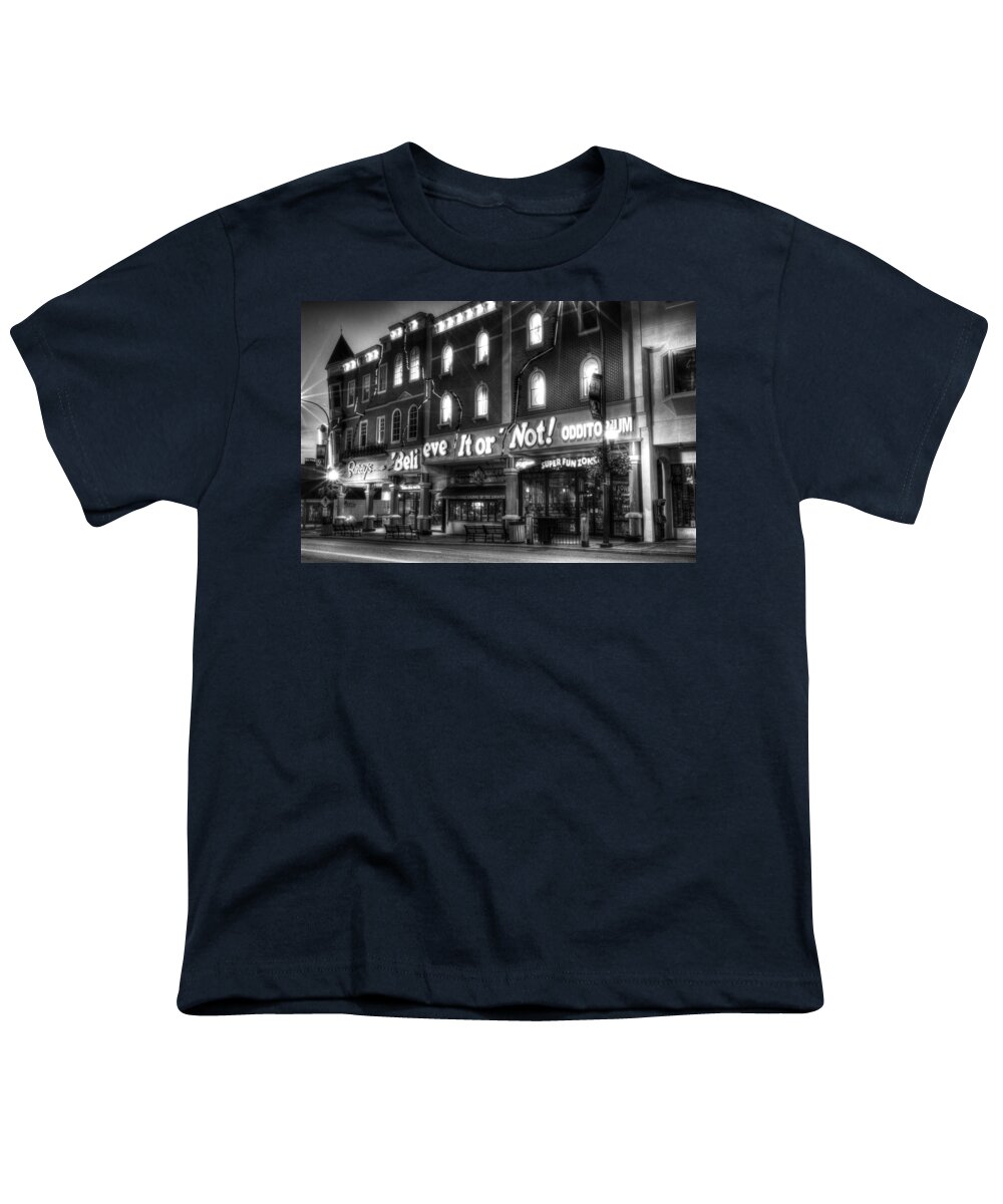 Ripley's Youth T-Shirt featuring the photograph Ripley's of Gatlinburg in Black and White by Greg and Chrystal Mimbs