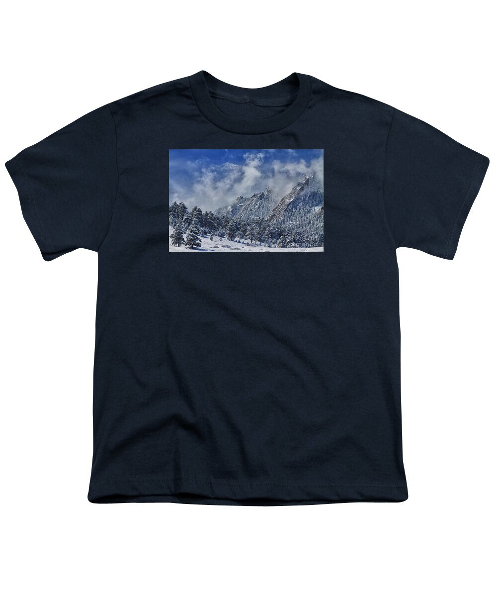 Flatirons Youth T-Shirt featuring the photograph Rocky Mountain Dusting Of Snow Boulder Colorado by James BO Insogna