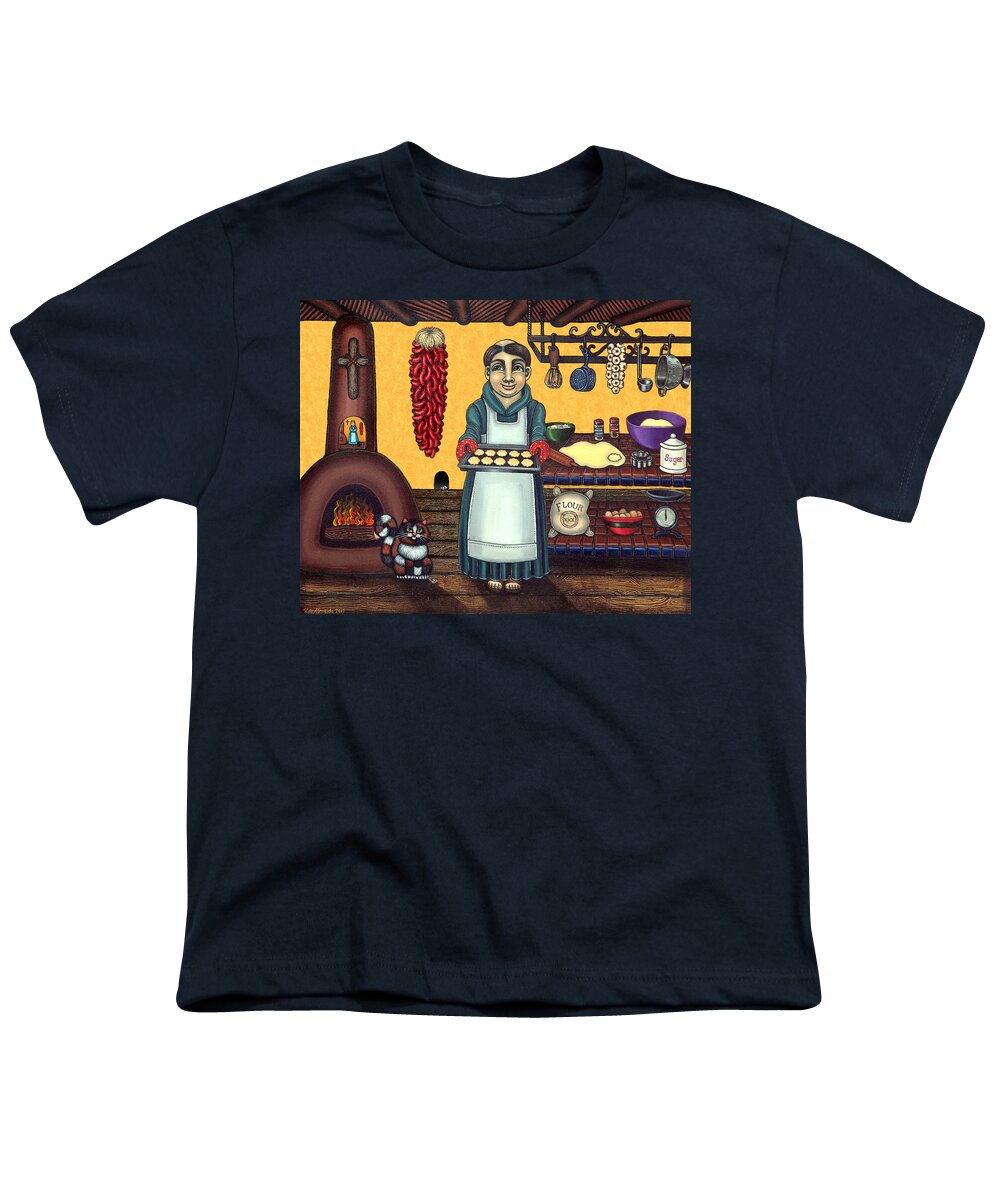 Folk Art Youth T-Shirt featuring the painting San Pascual Making Biscochitos by Victoria De Almeida