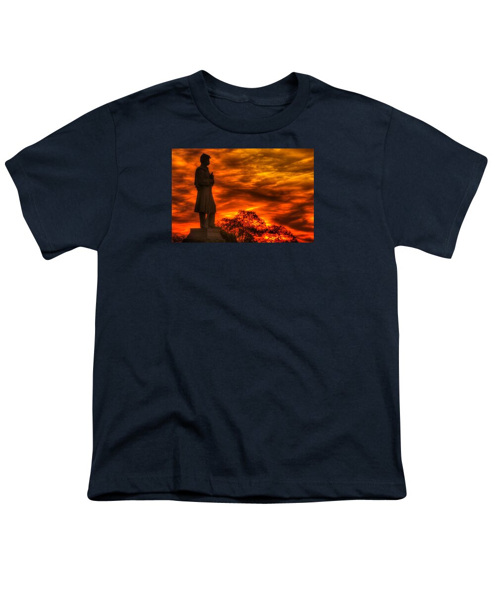 Civil War Youth T-Shirt featuring the photograph Sky Fire - West Virginia at Gettysburg - 7th WV Volunteer Infantry Vigilance on East Cemetery Hill by Michael Mazaika
