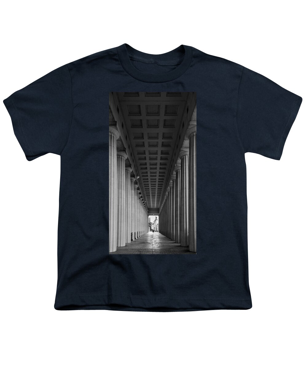 Soldier Youth T-Shirt featuring the photograph Soldier Field Colonnade Chicago B W B W by Steve Gadomski