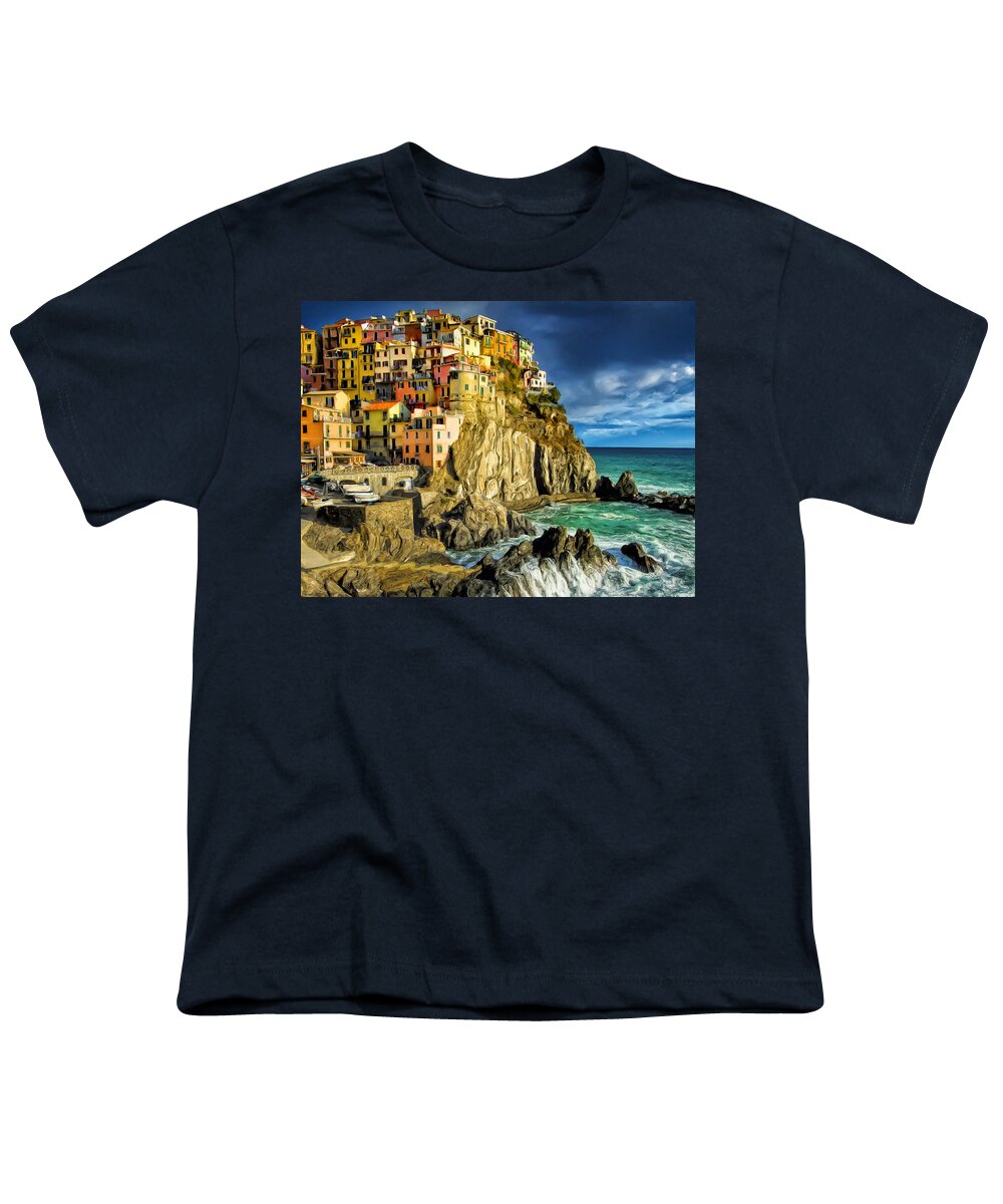 Stormy Youth T-Shirt featuring the painting Stormy Day in Manarola - Cinque Terre by Dominic Piperata