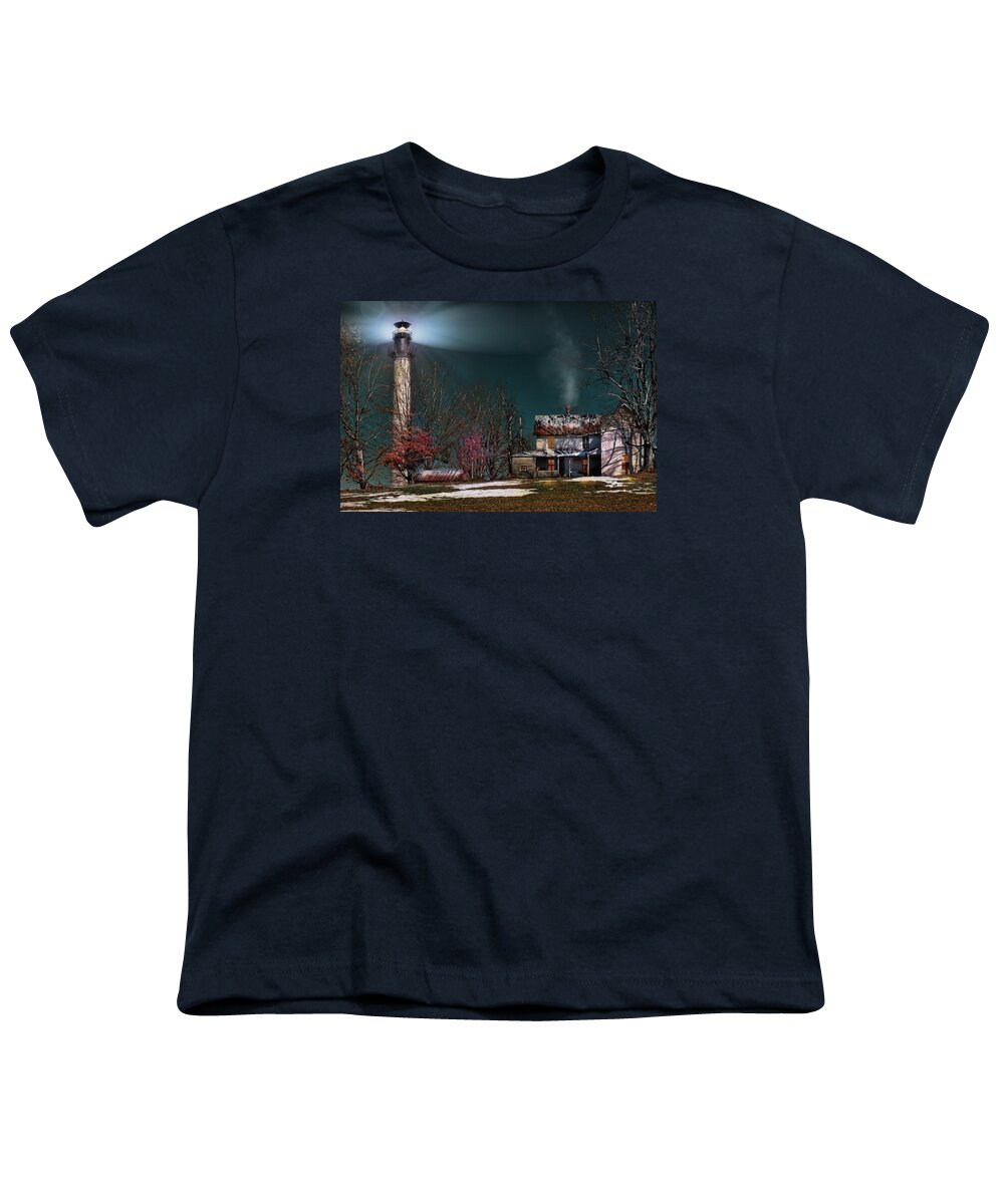 Lighthouse Farmhouse Youth T-Shirt featuring the painting Summersville Lake Lighthouse Mount Nebo WV by Mary Almond