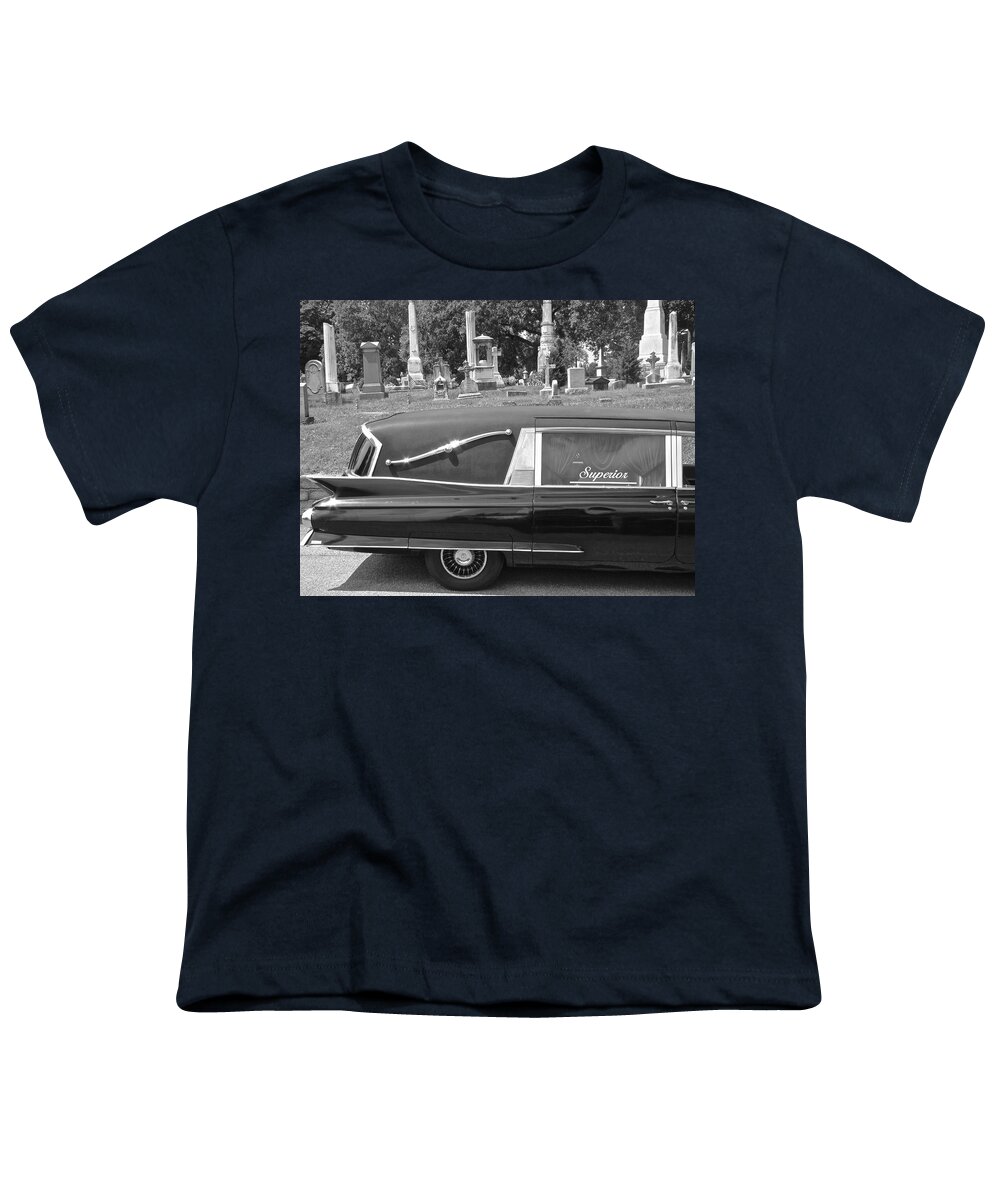 Superior Hearse Laurel Hill Cemetary Philadelphia Pa Car Show Black White Youth T-Shirt featuring the photograph Superior by Alice Gipson