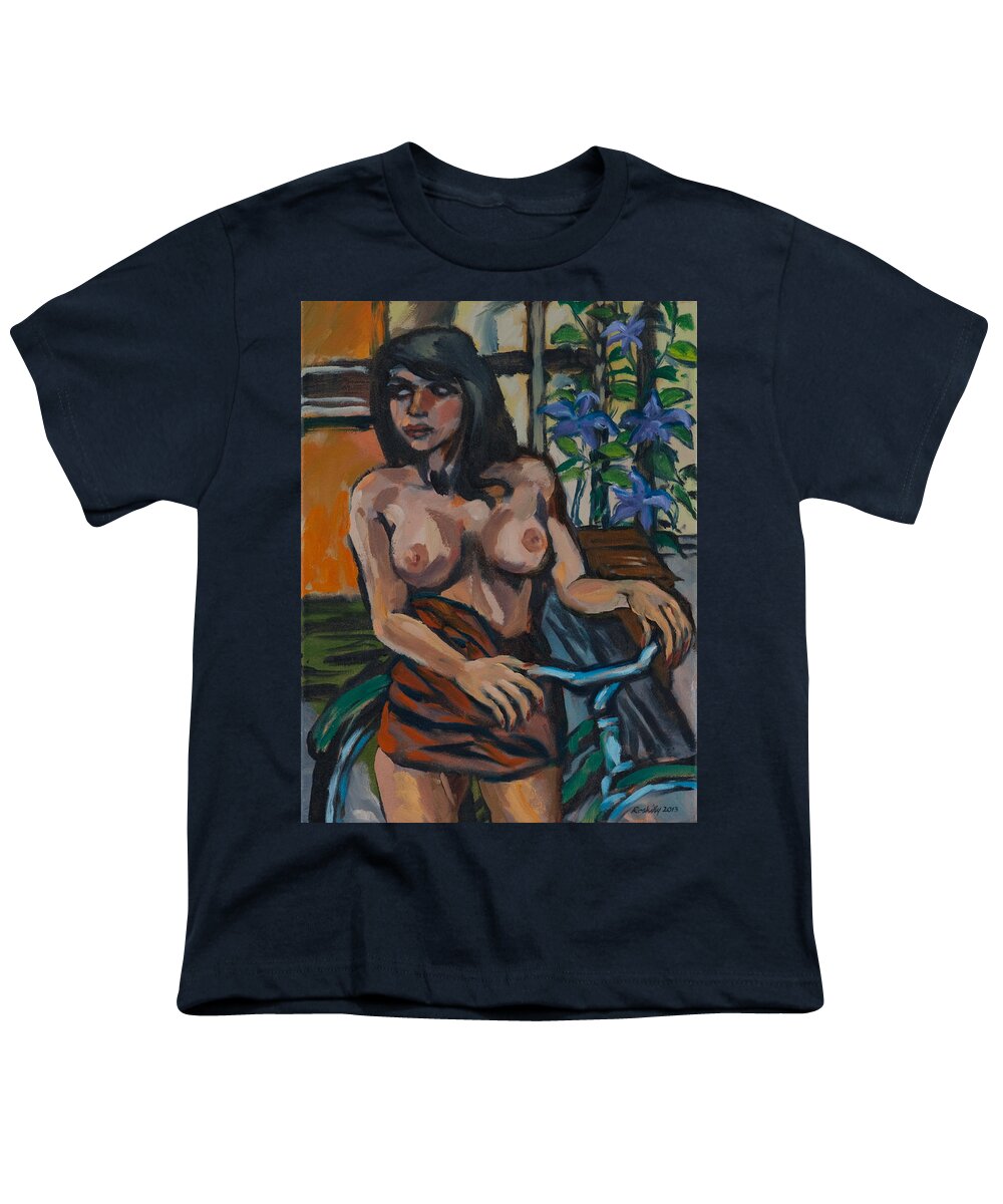 Clematis Youth T-Shirt featuring the painting Suzy with clematis by Peregrine Roskilly