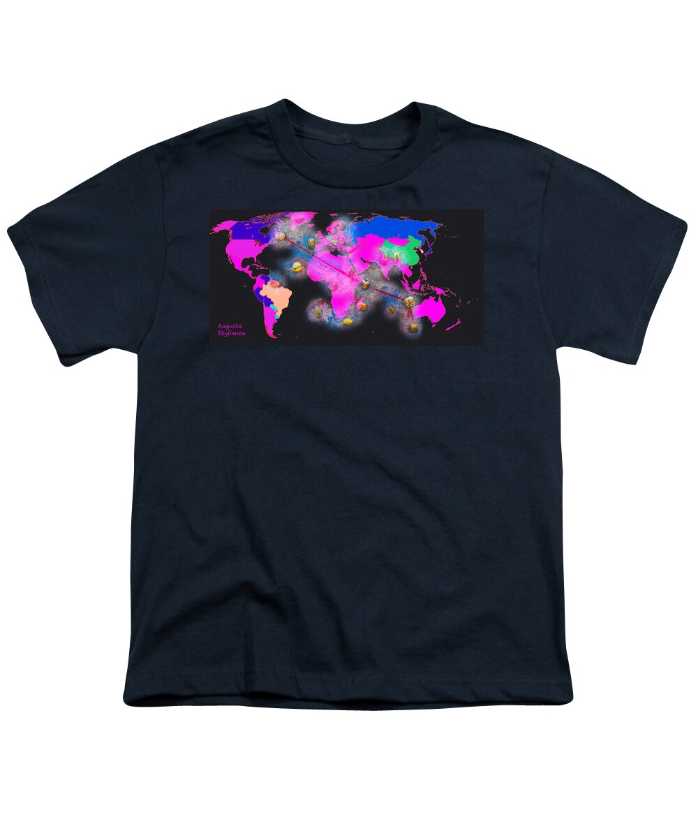 Augusta Stylianou Youth T-Shirt featuring the digital art World Map and Aries Constellation #1 by Augusta Stylianou