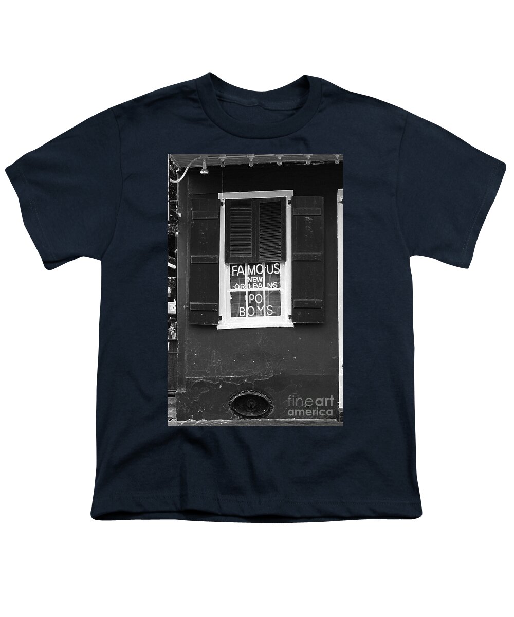 Travelpixpro New Orleans Youth T-Shirt featuring the digital art Famous New Orleans PO BOYS Neon Window Sign Black and White Accented Edges Digital Art by Shawn O'Brien