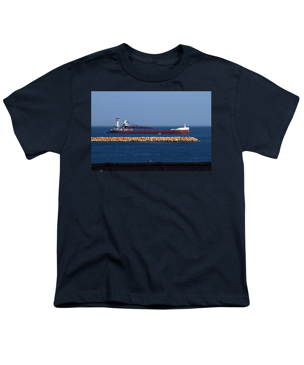 Freighter Youth T-Shirt featuring the photograph Freighter in the Straits of Mackinac by Farol Tomson