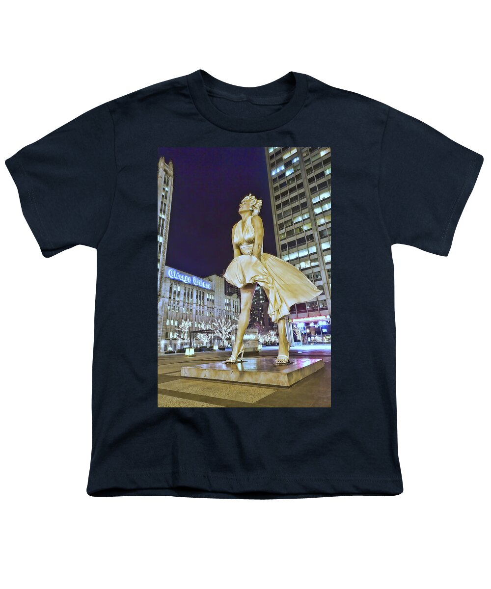  Youth T-Shirt featuring the digital art Surreal Marilyn Monroe in Chicago by Sven Brogren