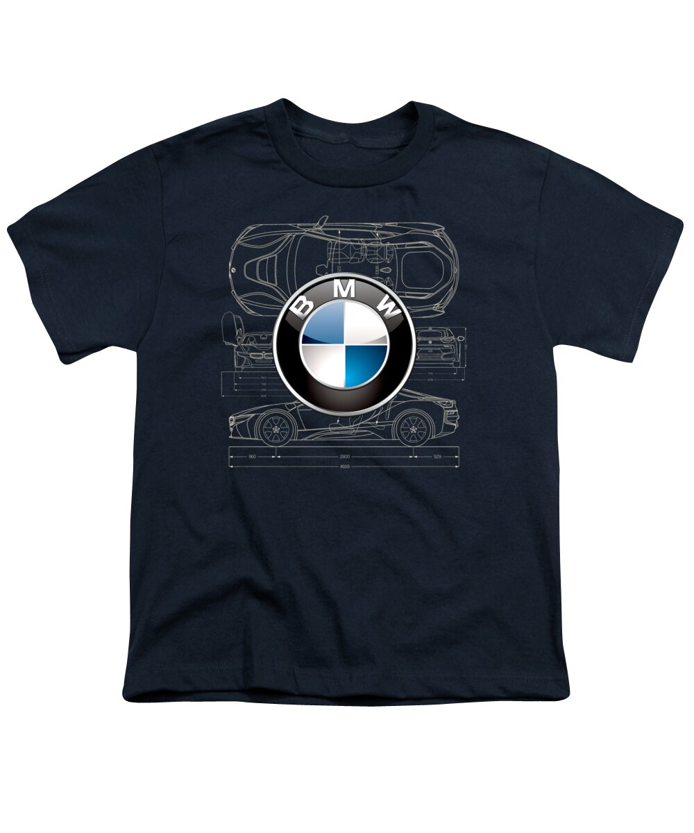 wheels Of Fortune By Serge Averbukh Youth T-Shirt featuring the photograph B M W 3 D Badge over B M W i8 Blueprint #1 by Serge Averbukh
