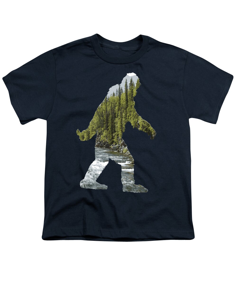 Sasquatch Youth T-Shirt featuring the digital art A Sasquatch Bigfoot Silhouette in The Wild River Rapids by Garaga Designs