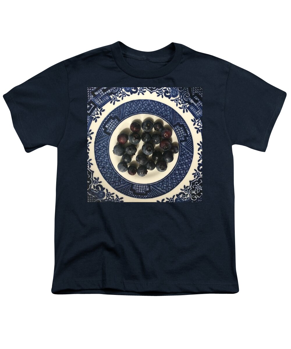 Blueberries Youth T-Shirt featuring the photograph Blueberries on Blue and White Plate by Robin Pedrero