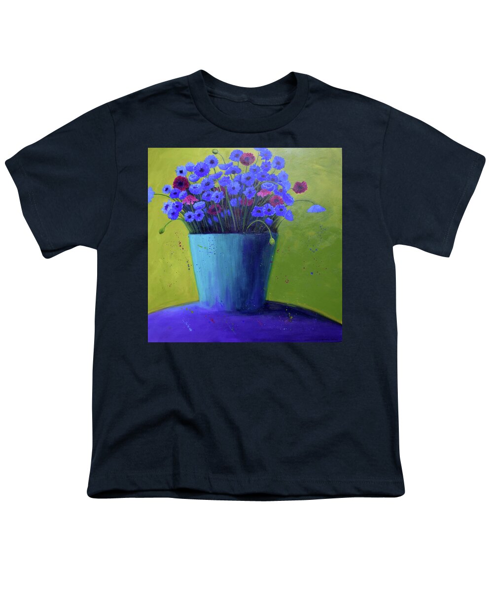 Flowers Youth T-Shirt featuring the painting Bucket of Blue by Nancy Jolley