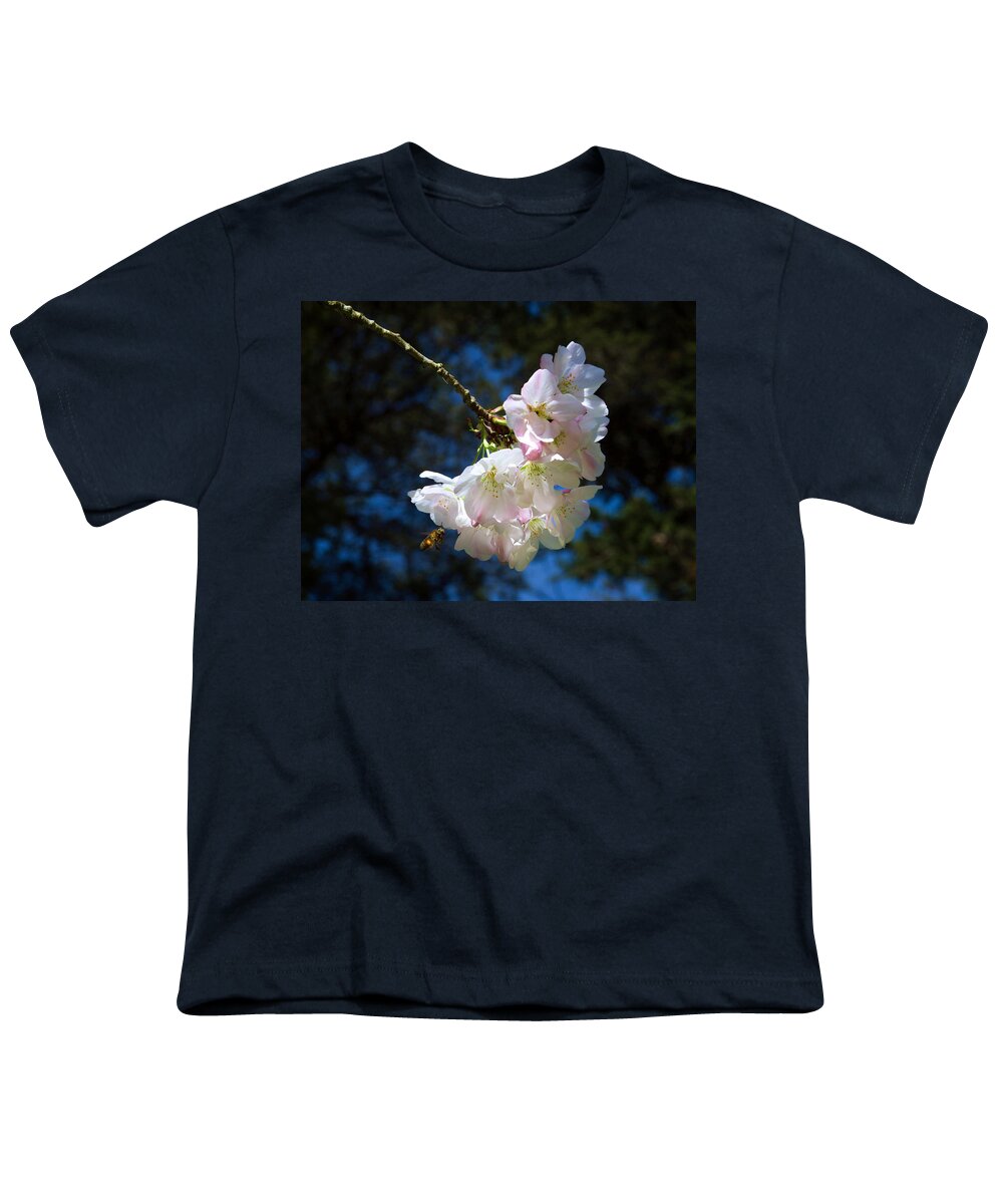 Cherry Blossoms And Bee Youth T-Shirt featuring the photograph Cherry Blossoms and Bee by Bonnie Follett