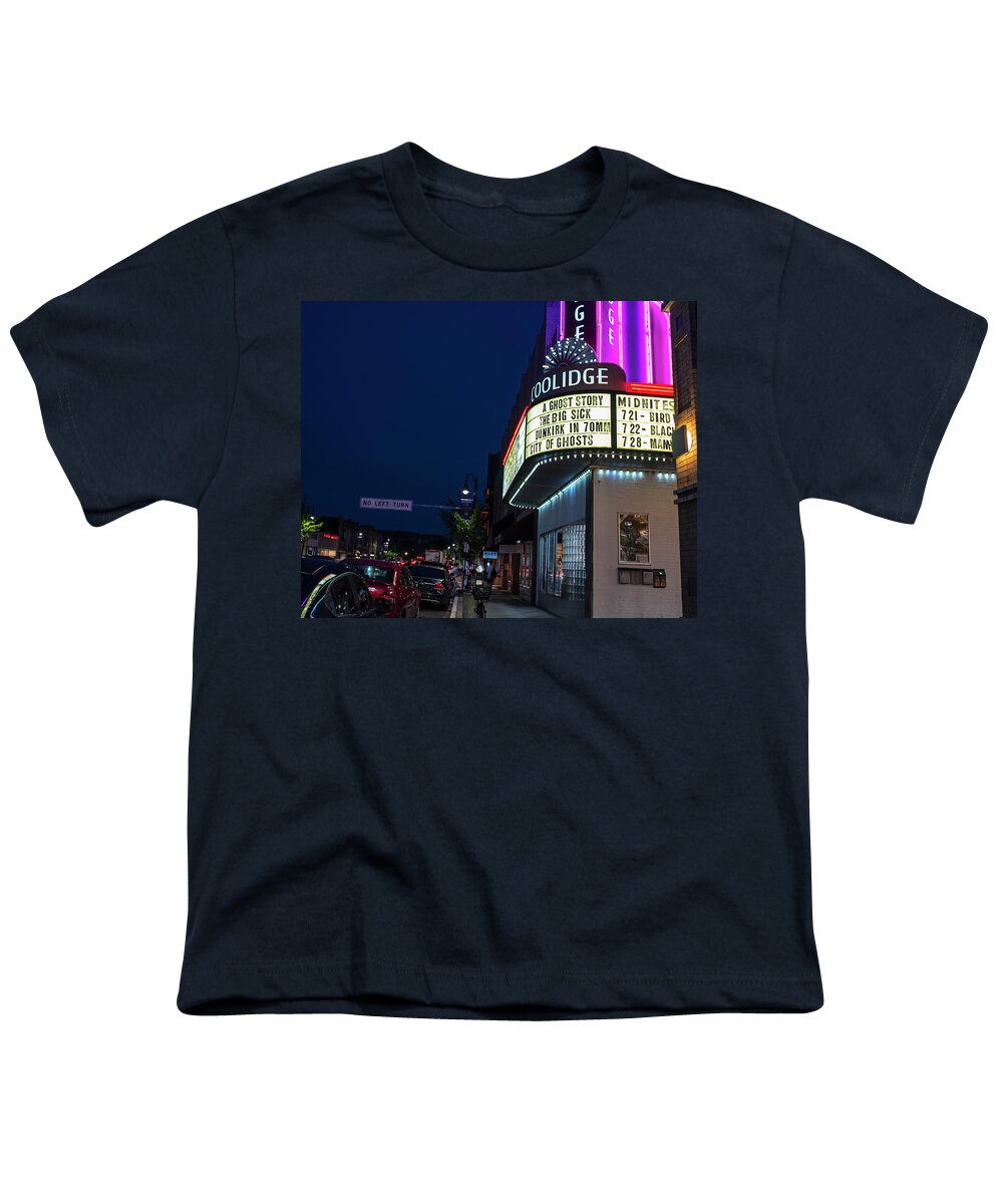 Brookline Youth T-Shirt featuring the photograph Coolidge Corner Theatre Harvard St Brookline MA Sidewalk by Toby McGuire