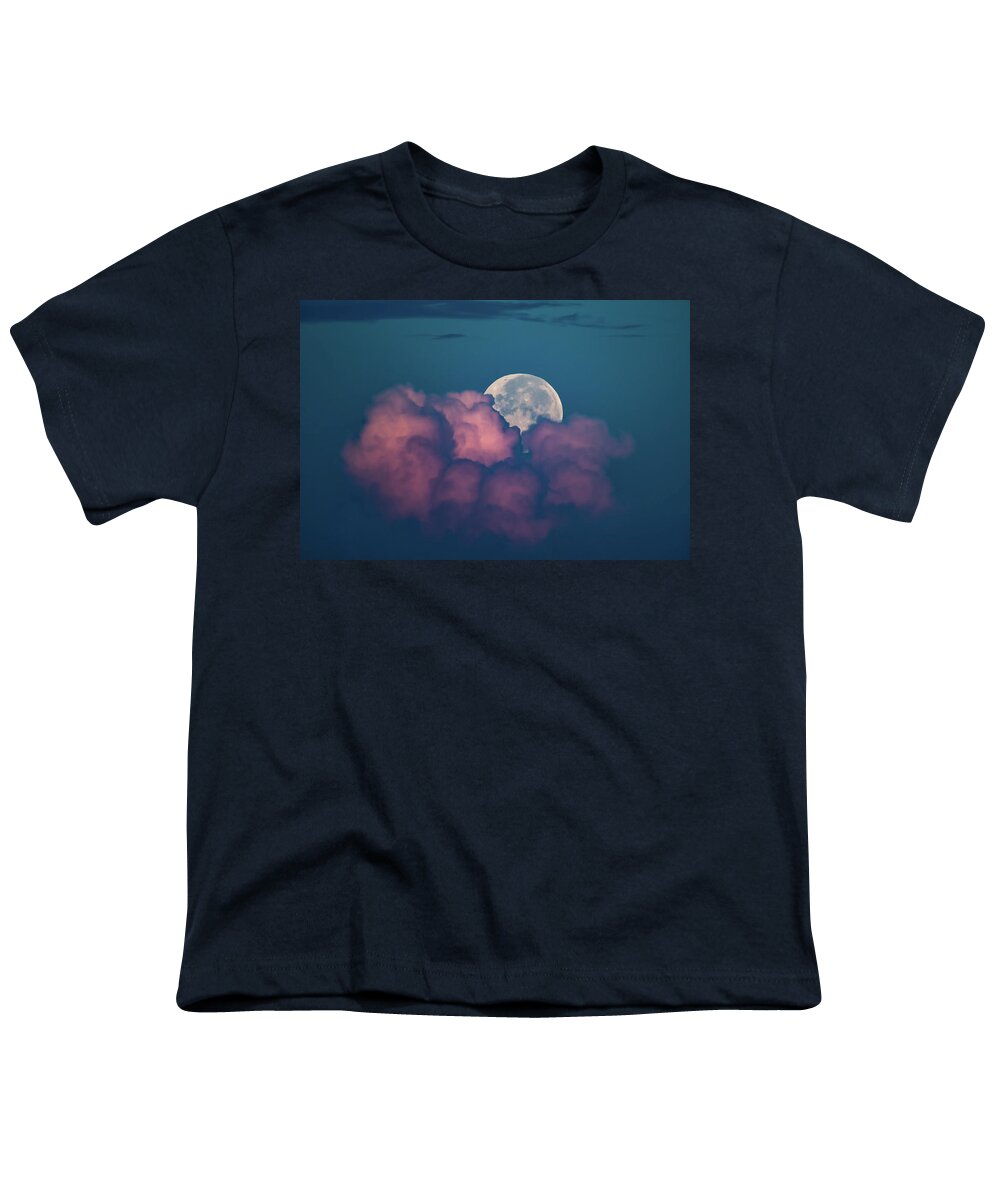 Sky Youth T-Shirt featuring the photograph Full Moon Setting Behind Pink Clouds by Artful Imagery