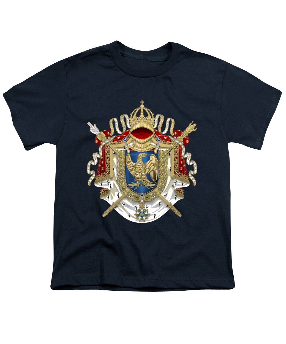'napoleon Bonaparte' Collection By Serge Averbukh Youth T-Shirt featuring the digital art Greater Coat of Arms of the First French Empire over Blue Velvet by Serge Averbukh