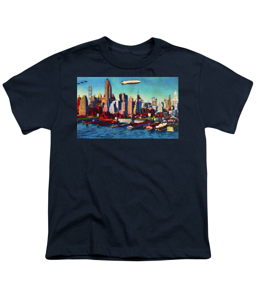 Lower Manhattan Youth T-Shirt featuring the painting Lower Manhattan Skyline New York City by Vincent Monozlay