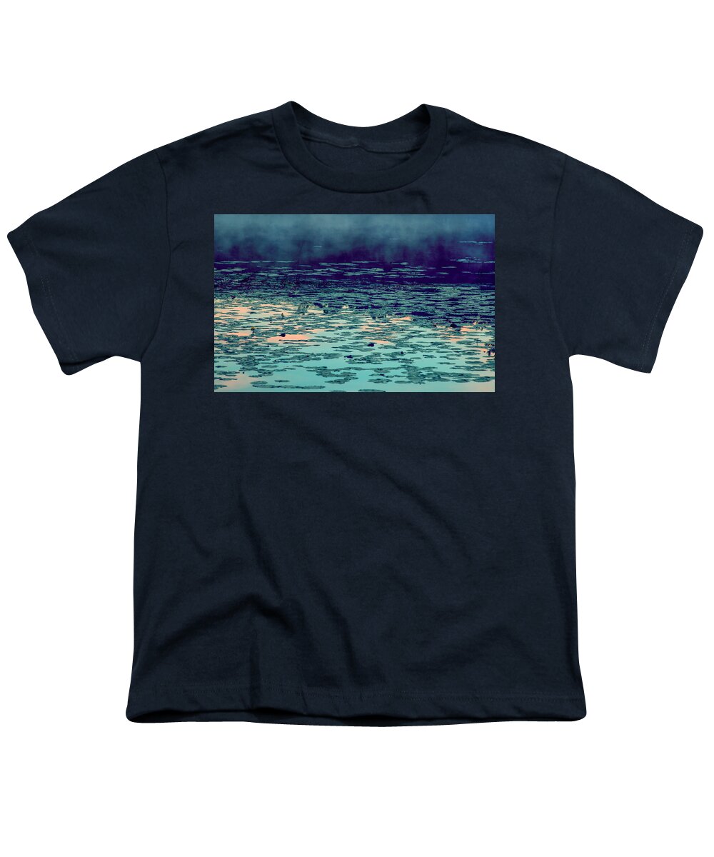 Morning Fog In The Lily Patch In Blues Youth T-Shirt featuring the photograph Morning Fog in the Lily Patch in Blues by Bonnie Follett