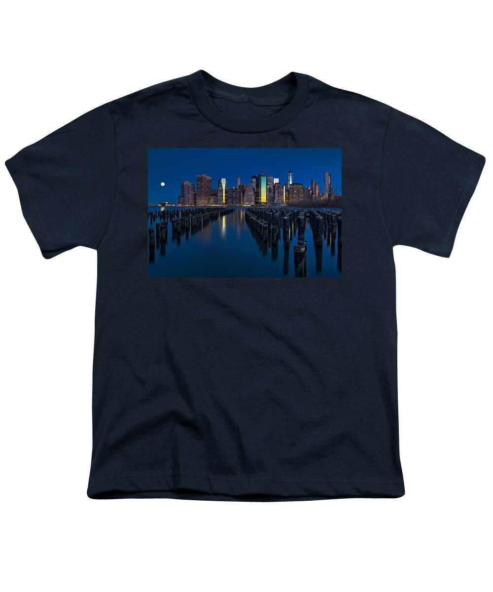 World Trade Center Youth T-Shirt featuring the photograph New York City Moonset by Susan Candelario