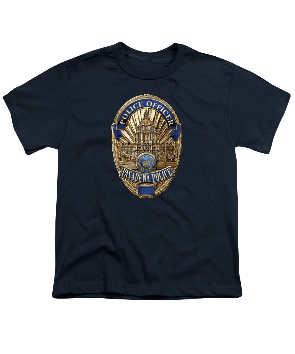  ‘law Enforcement Insignia & Heraldry’ Collection By Serge Averbukh Youth T-Shirt featuring the digital art Pasadena Police Department - P P D Officer Badge over Blue Velvet by Serge Averbukh