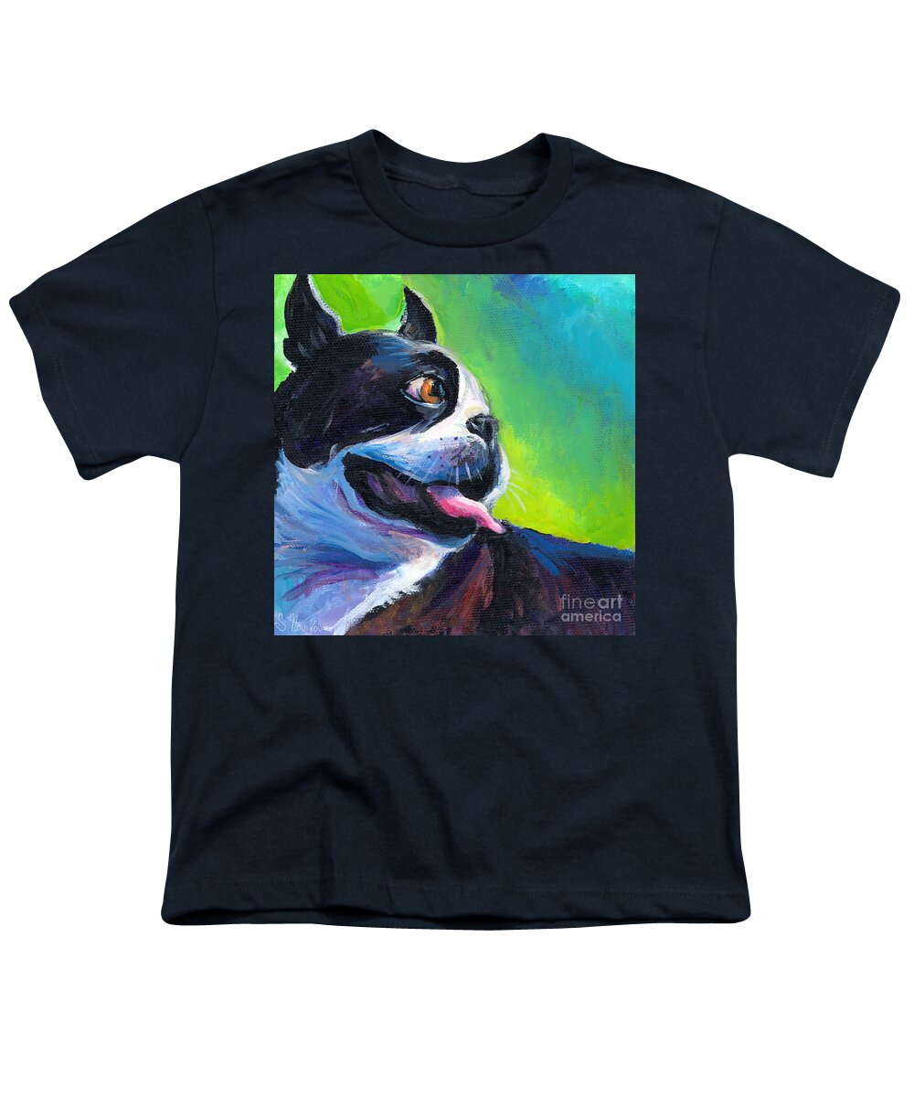 Boston Terrier Painting Youth T-Shirt featuring the painting Playful Boston Terrier by Svetlana Novikova