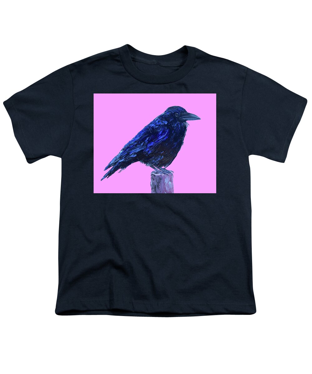 Raven Youth T-Shirt featuring the painting Raven on pink background by Jan Matson