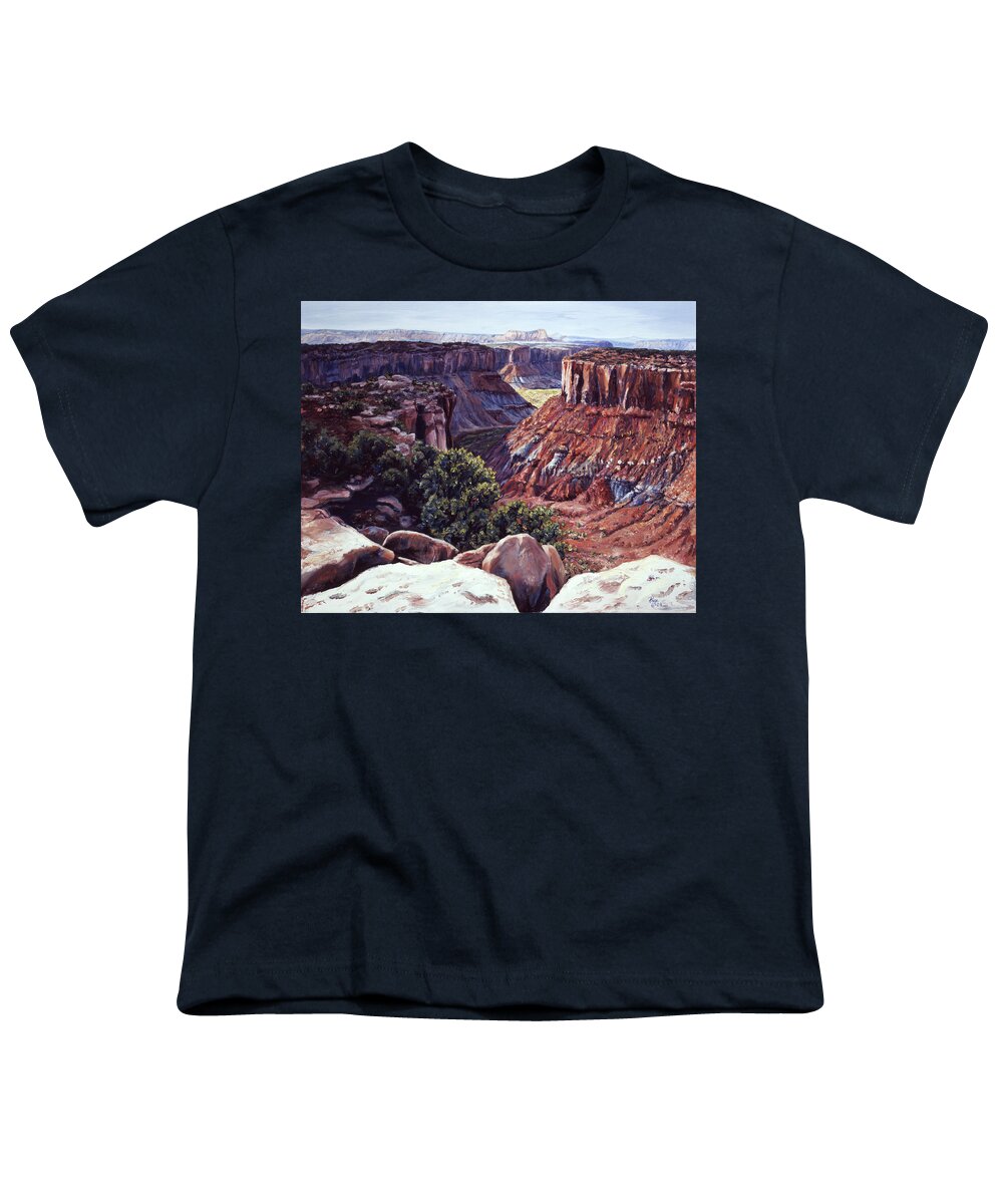 Landscape Youth T-Shirt featuring the painting Rimrocked No Way Down by Page Holland