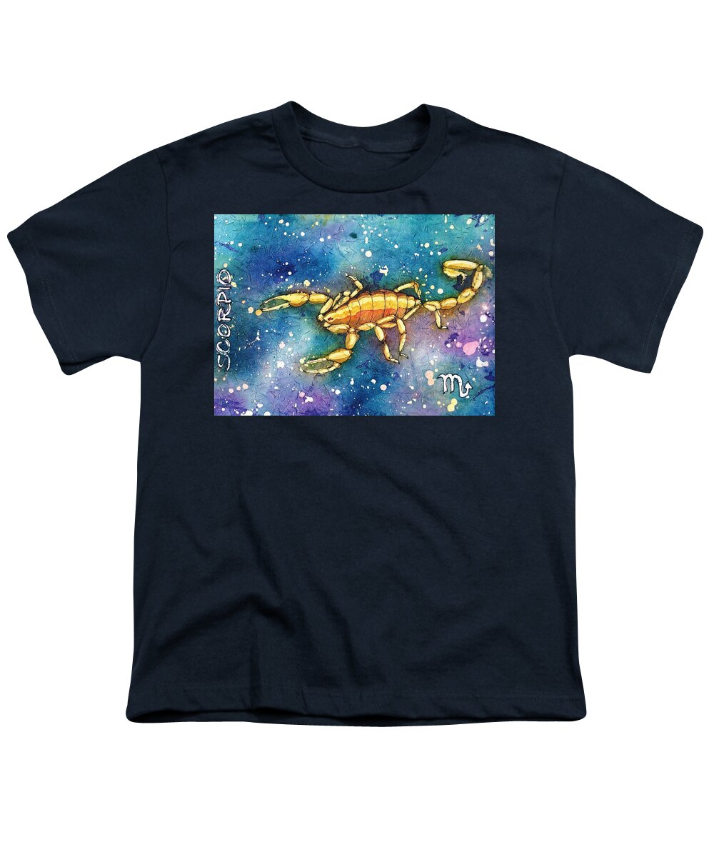 Zodiac Youth T-Shirt featuring the painting Scorpio by Ruth Kamenev